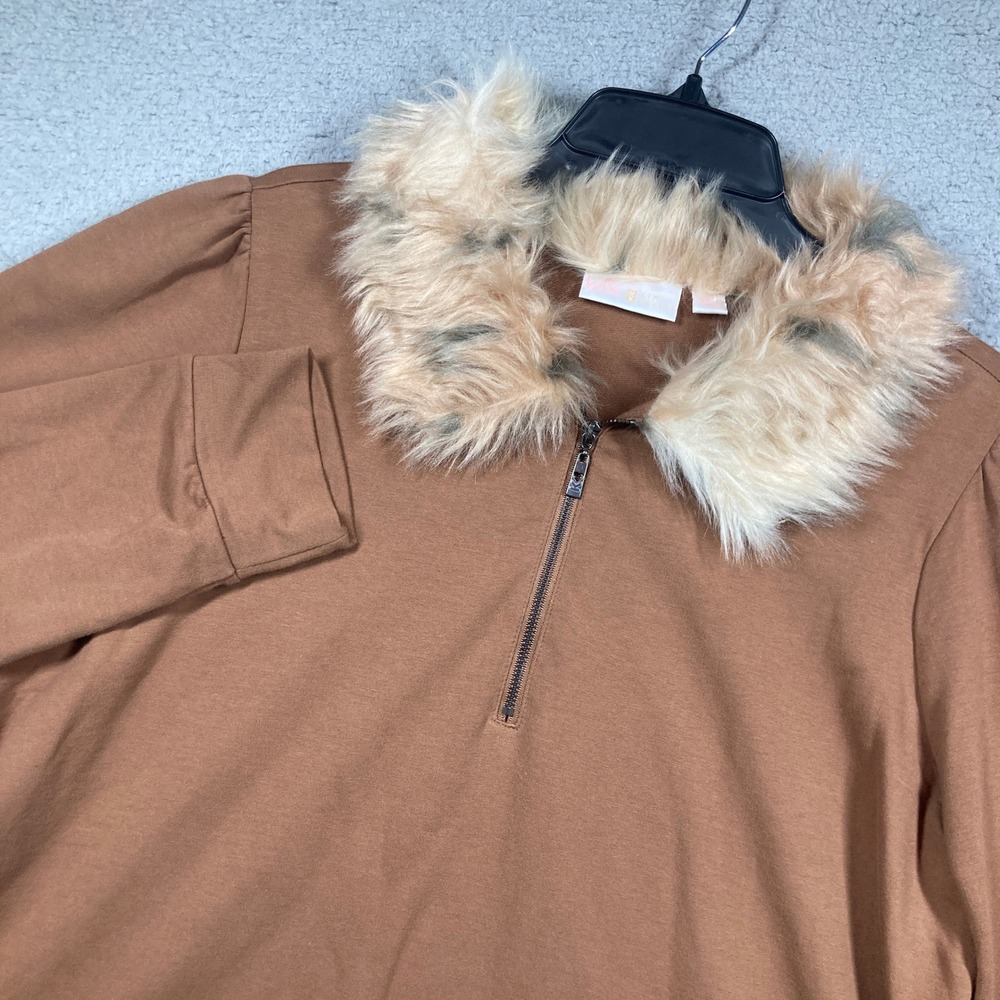 Belle by Kim Gravel Sweatshirt Womens L Brown Faux Fur Collar Quarter Zip Soft